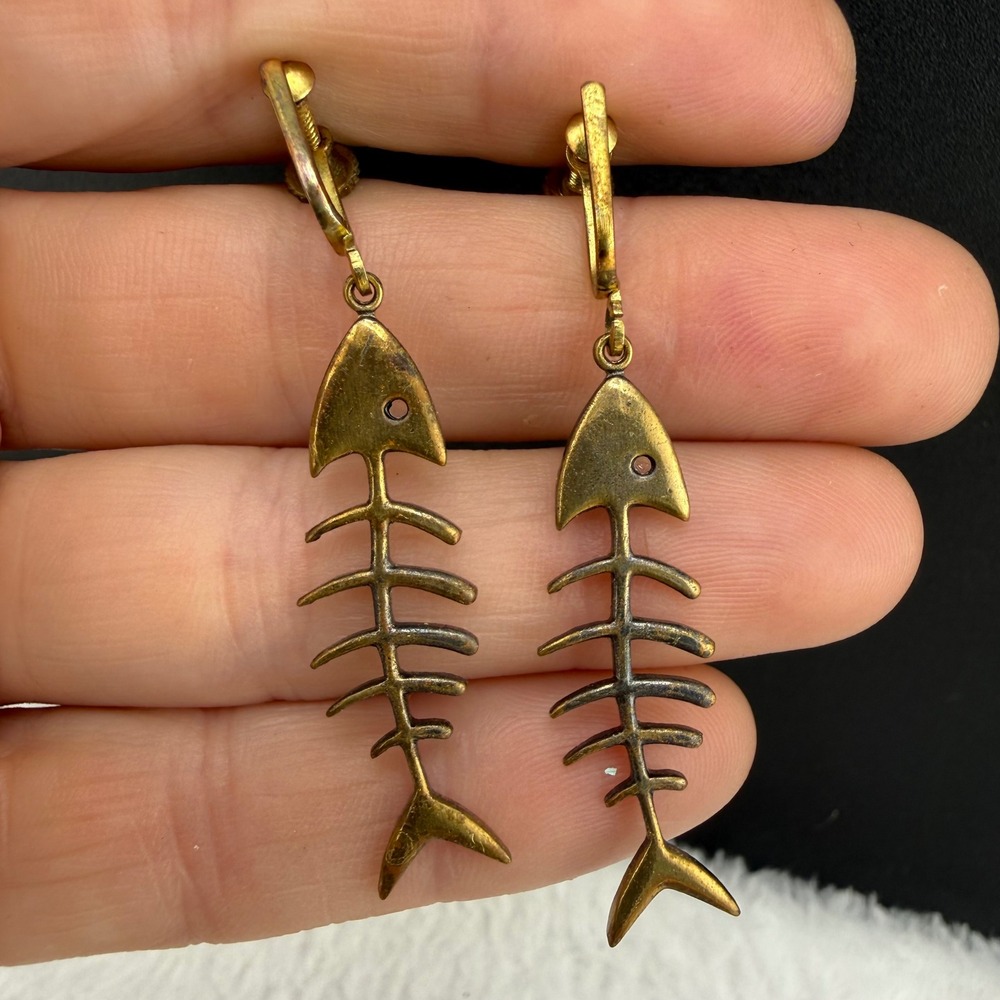 Vintage Fish Skeleton Earrings Signed Kim Brass Tone Dangle Screw Back Novelty